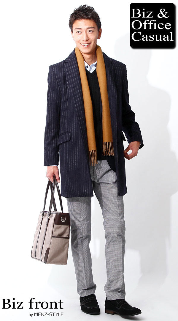 キャメルマフラー×ストライプチェスターコート×ニット×千鳥格子パンツ