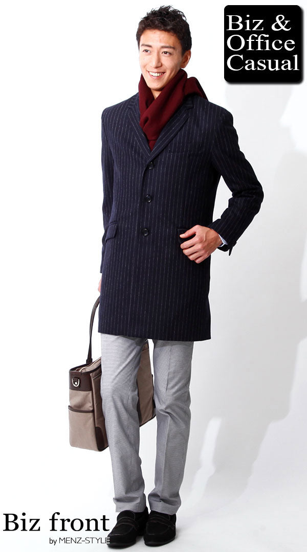 ワインレッドマフラー×ストライプチェスターコート×ニット×千鳥格子パンツ　biz15-16aw3226