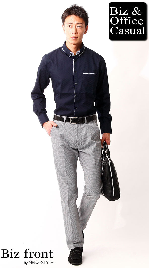 ネイビーシャツ×千鳥格子パンツ biz15-16aw3524のコーディネート例 