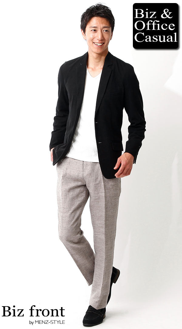 黒テーラードジャケット×綿麻綾織スラックス×カットソー biz16ss_1439 
