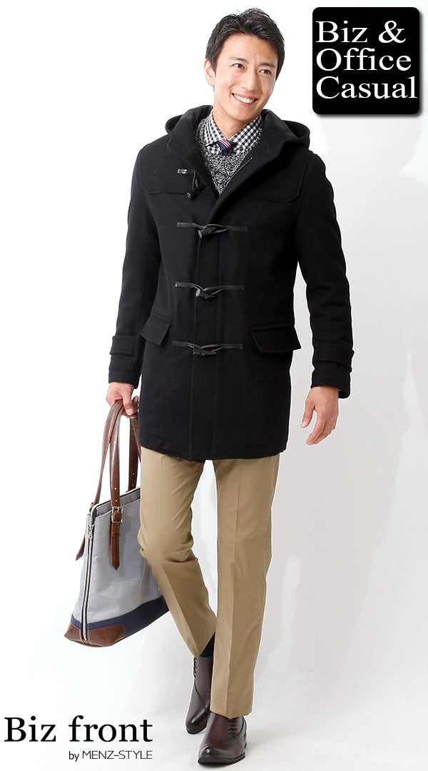 黒メルトンダッフルコート×杢柄フィッシャーマンニット×ベージュ