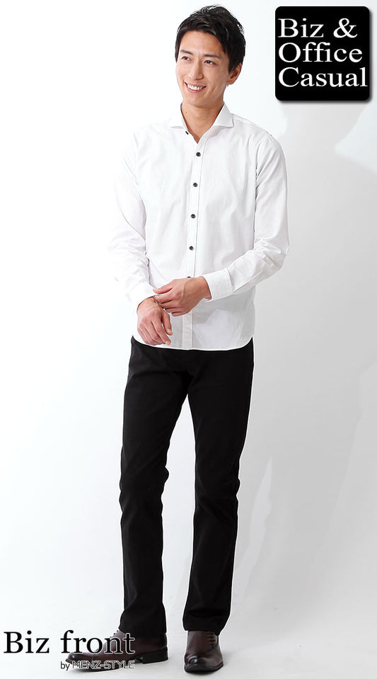 ホワイトシャツ×ブラックスキニーパンツ　モノトーンノーネクタイスタイル　biz16-17aw_1677