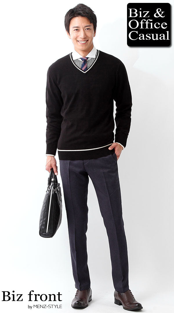 【  】セーター 2点セット（グレー・ブラック） ブラックニットセーター×ストライプシャツ×ネイビースラックス biz16