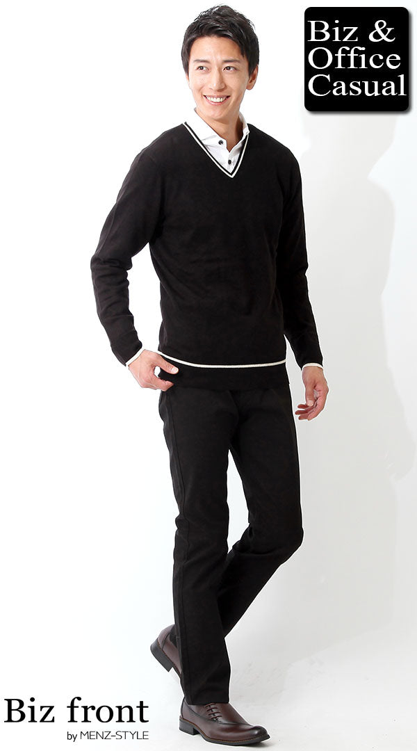 ブラックニットセーター×ホワイトシャツ×ブラックスキニーパンツ　biz16-17aw_1710