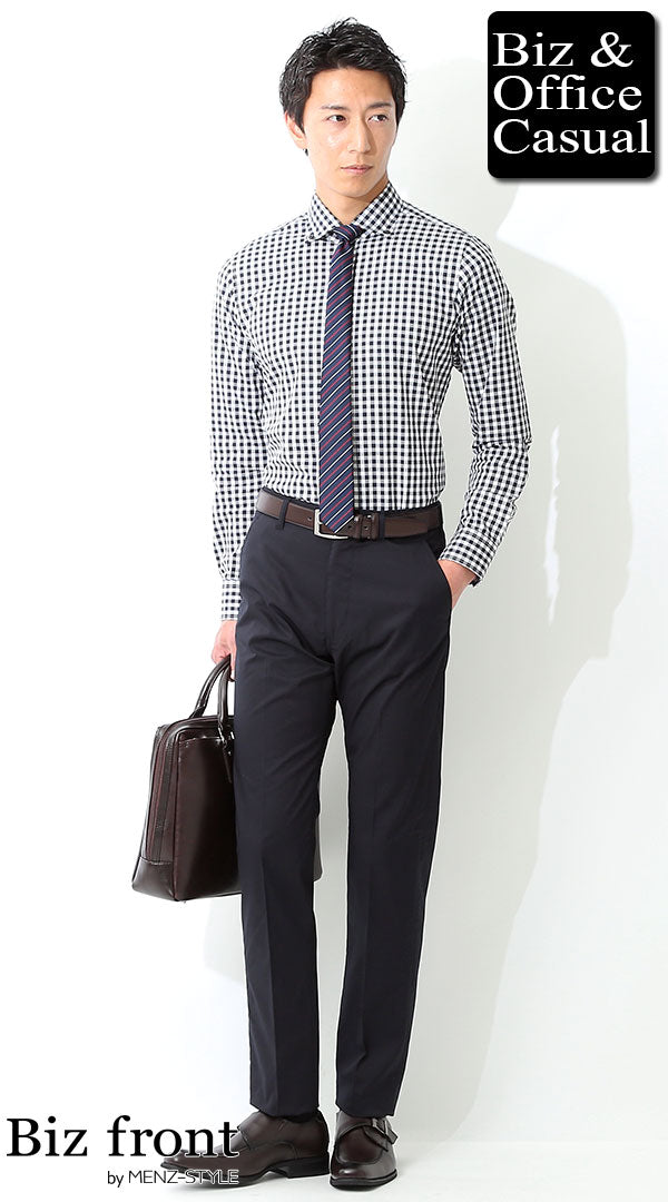 ギンガムチェックシャツ×ネイビースラックス biz17ss_0618の