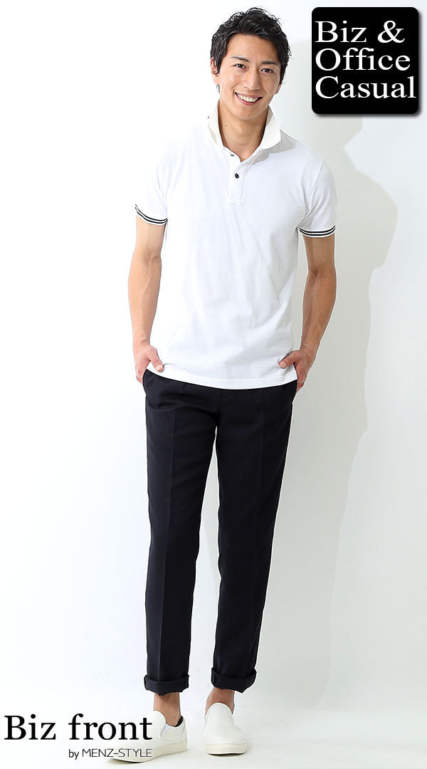 白ポロシャツ×紺スラックス×白スリッポンシューズ biz17ss_2131の 白ポロシャツ×紺スラックス×白スリッポンシューズ biz17ss_2131の