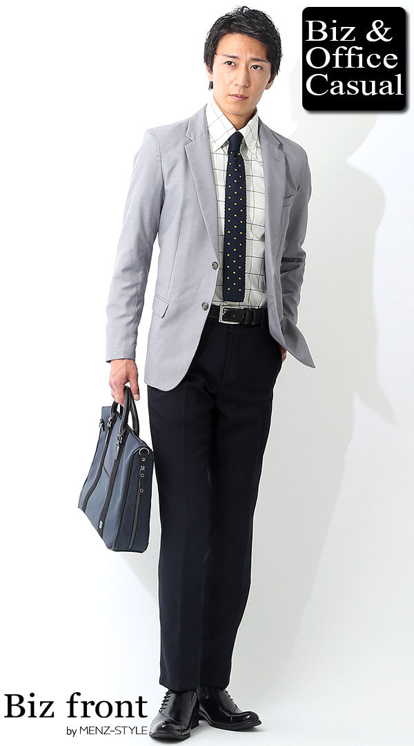 グレージャケット×ウインドウペンチェックシャツ×ネイビースラックス