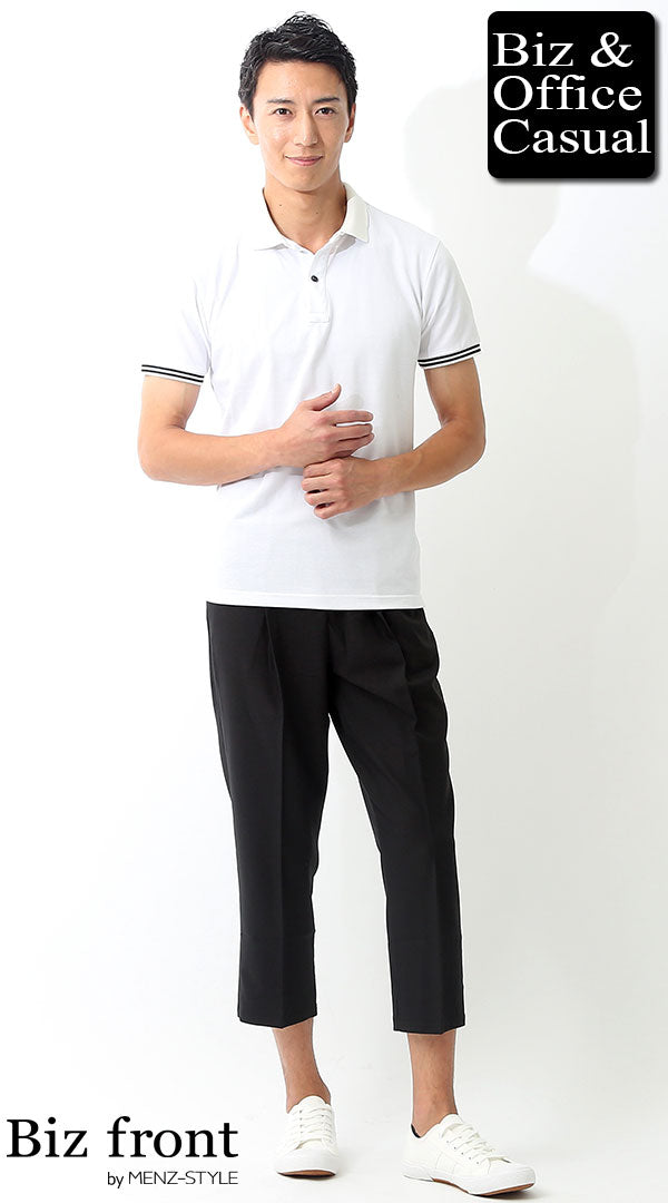 白ポロシャツ×ブラッククロップドパンツ×白スニーカー