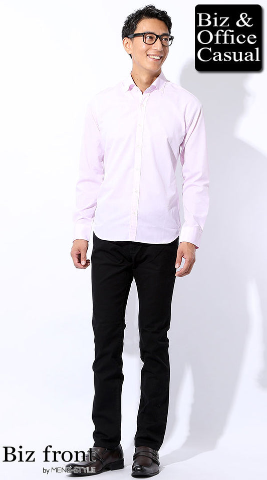 ピンク形態安定ボタンダウンシャツ×黒スリムパンツ　biz18-19aw_0298