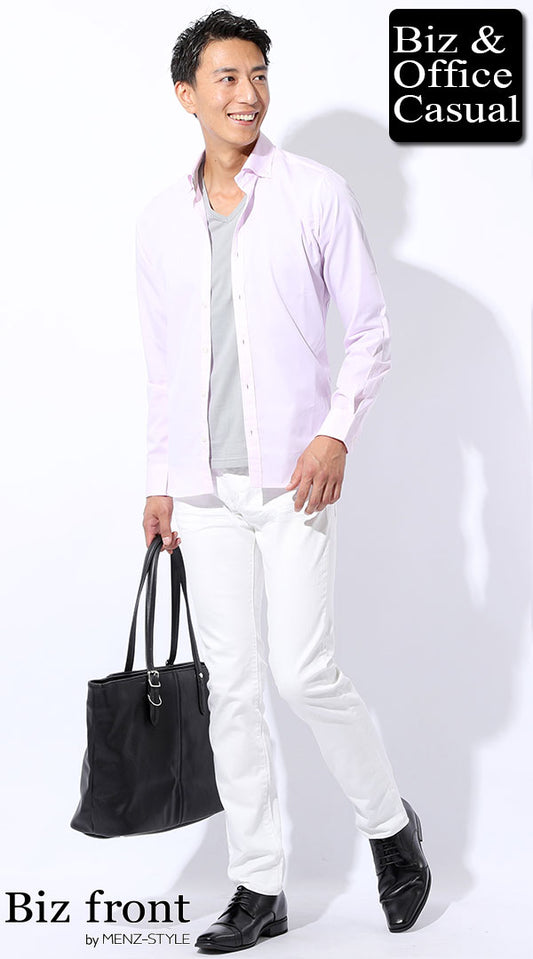 形態安定ピンクシャツ×グレーtシャツ×白パンツ　biz18-19aw_1095