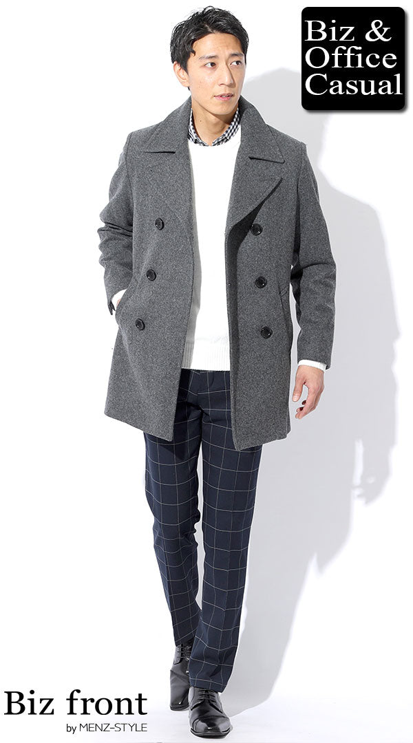 グレーメルトンピーコート×白丸首ニットセーター×ギンガムチェック