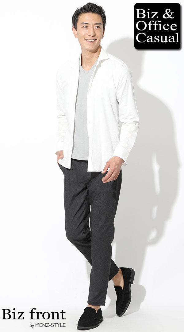 白リネンシャツ×グレーカットソー×チャコールグレーアンクルパンツ×黒スエードシューズ　biz20ss_0825
