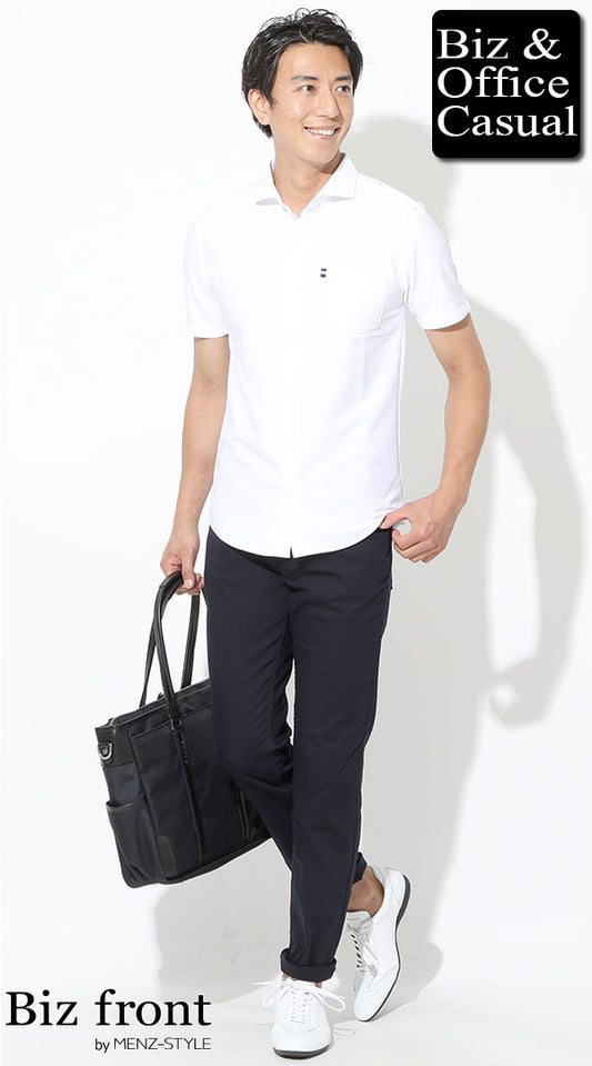 半袖白ポロシャツ×ネイビーパンツ　ロールアップスタイル　biz20ss_3101