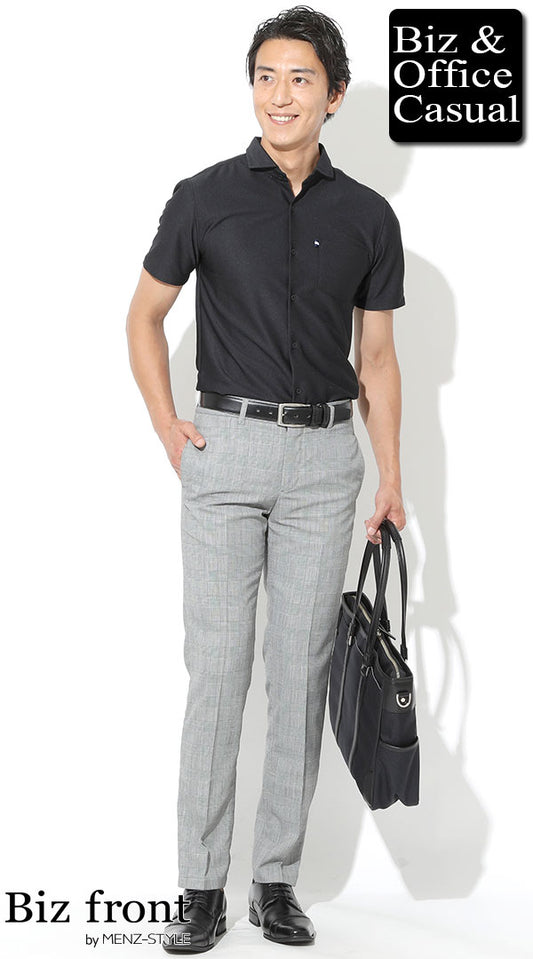 半袖黒ポロシャツ×グレーグレンチェックスラックス×ビジネストートバッグ　biz20ss_3223