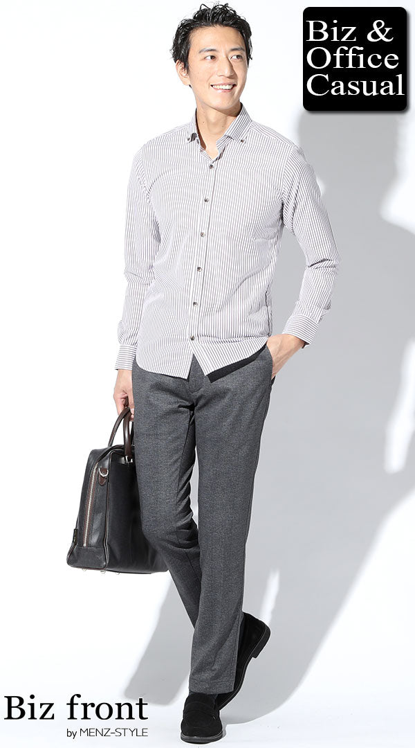 ブラウンストライプシャツ×グレーカジュアルスラックス biz20