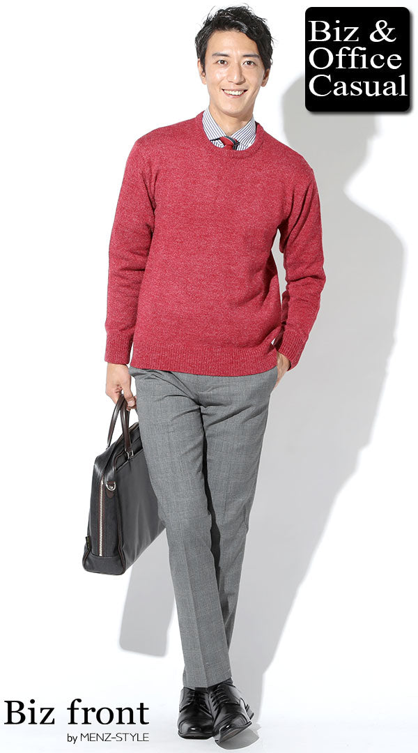 丸首赤ネックニット×ストライプシャツ×赤ネクタイ×グレンチェック
