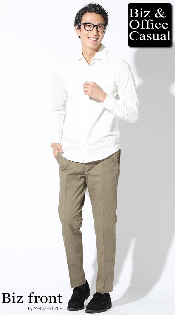 白長袖ストレッチシャツ×カーキテーパードスラックスチノパン×黒スエードシューズ　体型カバーコーデ　biz21ss_5014