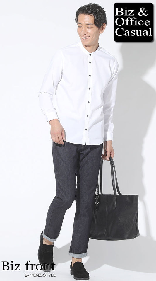 白バンドカラーシャツ×スリムストレッチジーンズデニムパンツ×黒スエードシューズ　biz21ss_7864