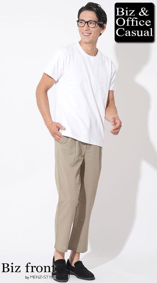 白丸首半袖Tシャツ×カーキセットアップパンツ　biz22ss_3564