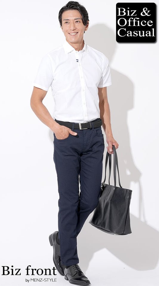 白半袖形態安定ワイシャツ×ネイビースリムパンツ×黒革靴　biz22ss_3936