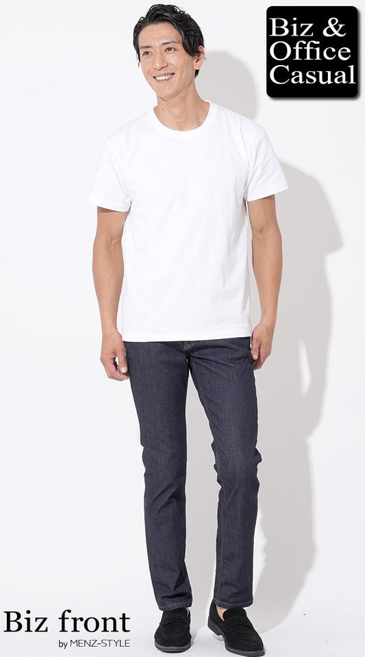 白厚手半袖Tシャツ×スリムストレッチデニムパンツ　biz22ss_4413