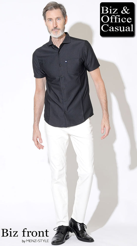【60代】黒シャツ型ポロシャツ×白パンツ　タックアウトスタイル　biz23ss1253