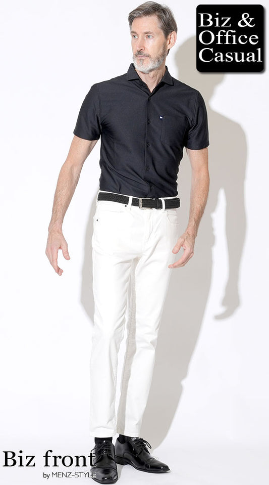 【60代】黒シャツ型ポロシャツ×白パンツ　タックインスタイル　biz23ss1257