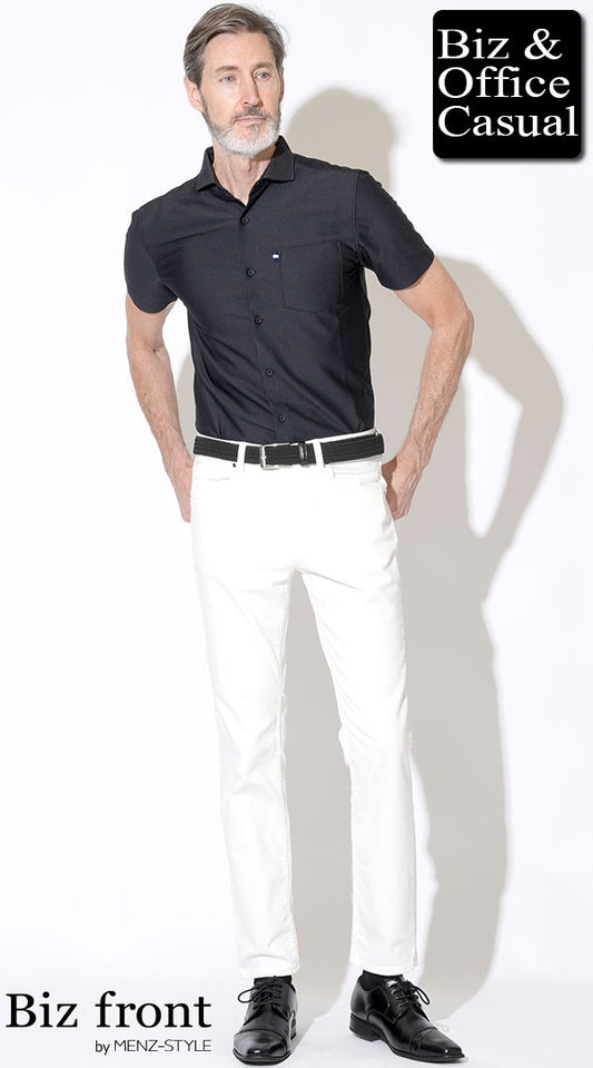 【60代】黒シャツ型ポロシャツ×白パンツ×黒革靴　タックインスタイル　biz23ss1261