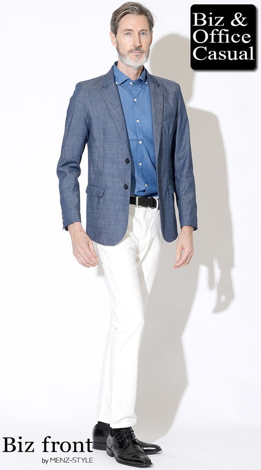 【60代】デニムジャケット×ライトブルーデニム半袖シャツ×白パンツ　biz23ss1303