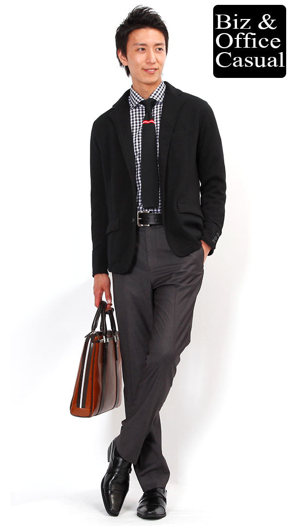 ブラックジャケット×チェックシャツ×スラックス biz-cs0936の