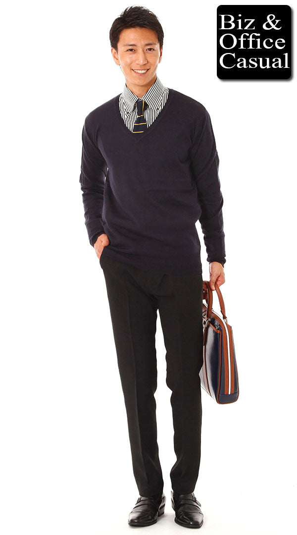 ネイビーニット×ストライプシャツ×ブラックスラックス biz14ss_9061の