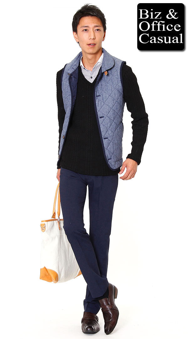 キルティングベスト×ブラックニット×ネイビースラックス biz14ss_9530 
