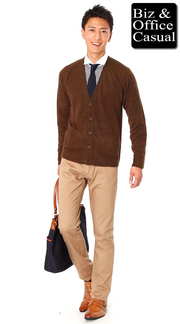 ブラウンニットカーディガン×ベージュチノパン biz14-15aw_0050 