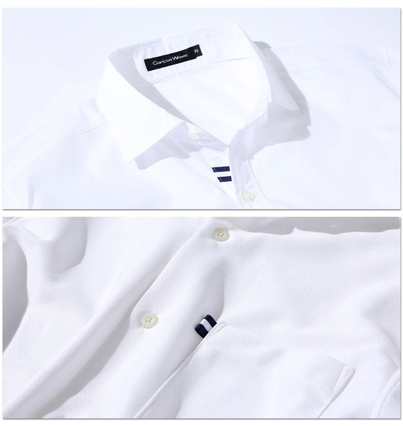 ②オシャレな白ワイシャツは装飾デザインと生地