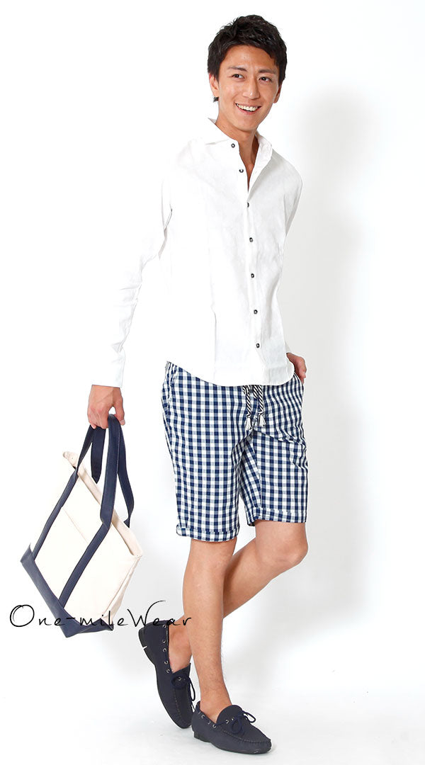 ホワイトシャツ チェックハーフパンツ omw15ss1461のコーディネート例