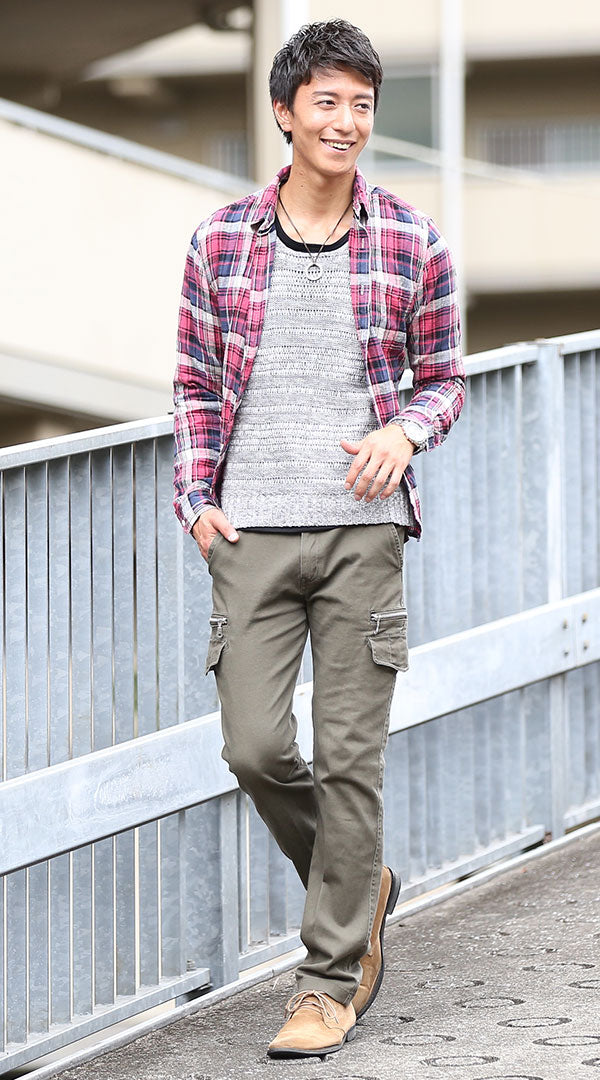 ニットソー チェックシャツ カーゴパンツ snp_yj0969の