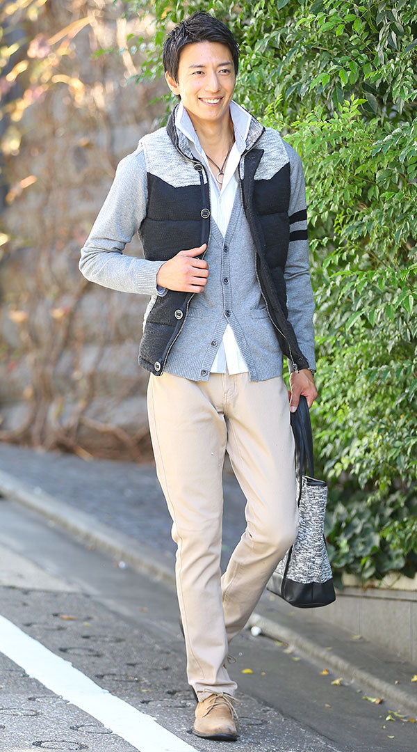 中綿ベスト カーディガン チノパン snp_hm0137のコーディネート例