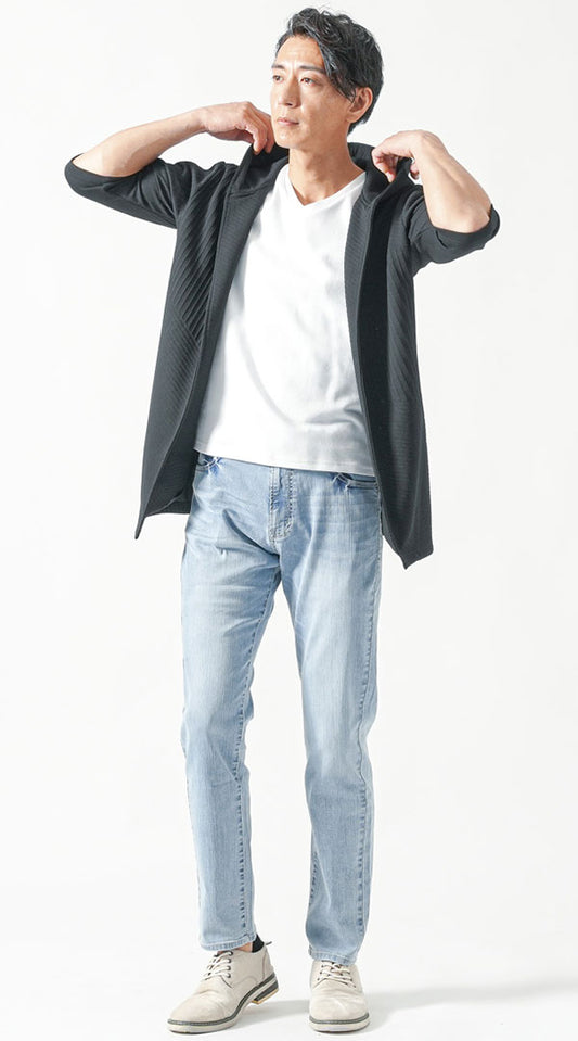 黒七分袖セミロングパーカー　白半袖VネックTシャツ　ブルースキニーテーパードデニムパンツ　snp_ot0118