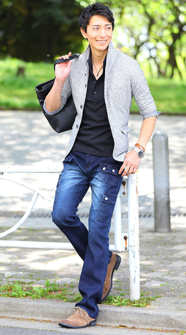 ジャケット ポロシャツ ブーツカットデニムカーゴパンツ