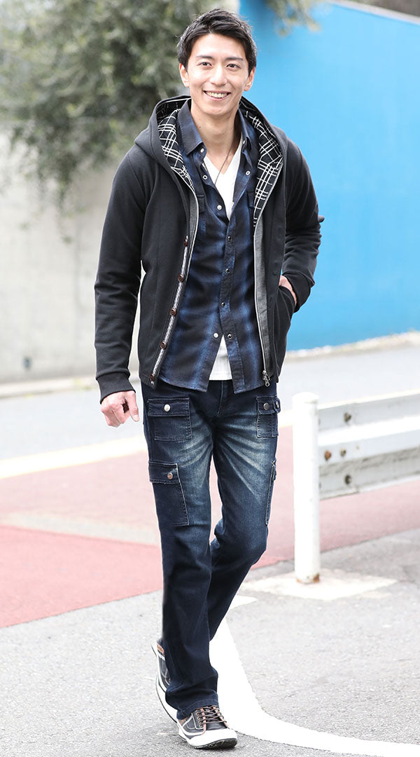 パーカー チェックシャツ ブーツカットデニムカーゴパンツ snp_qt0611