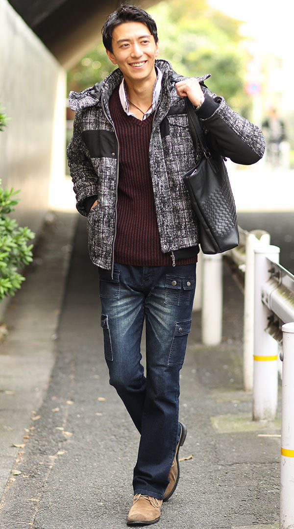 ジャケット ニット シャツ ブーツカットデニムカーゴパンツ