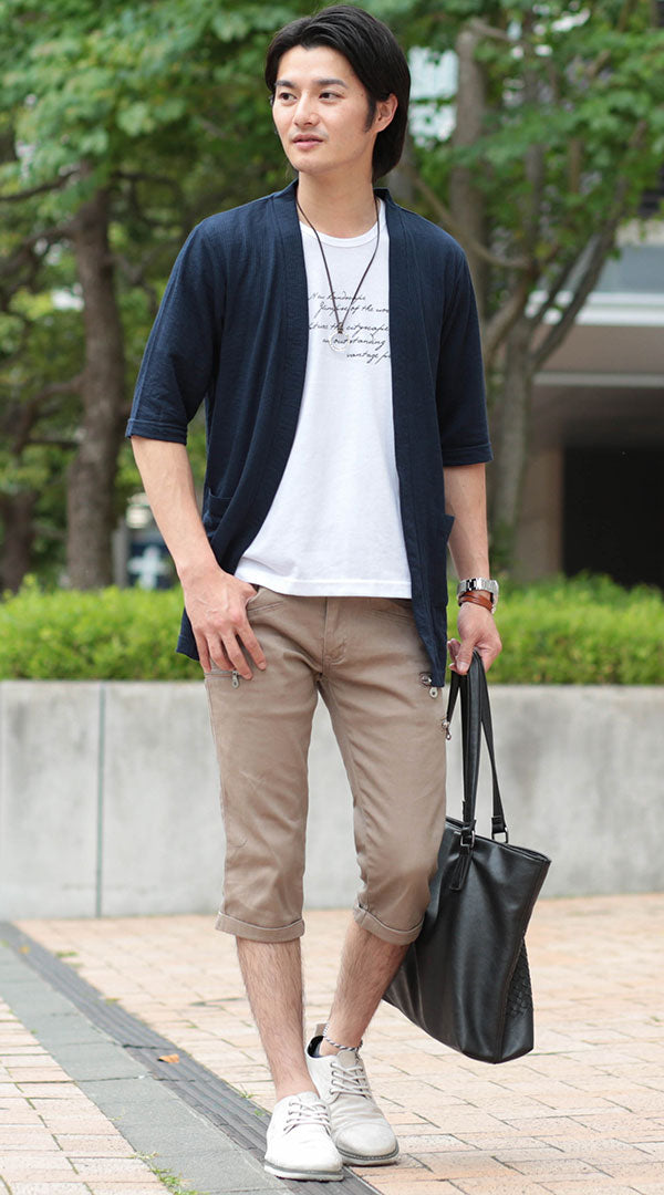 紺カーディガン 白Tシャツ ベージュクロップドパンツ snp_ba0331の