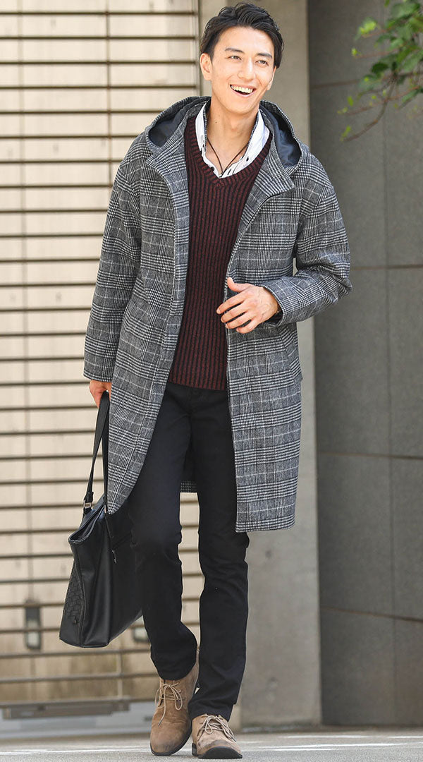 グレンチェックコート ワインニット 黒パンツ snp_cp0520の