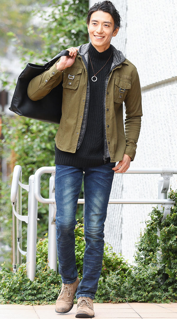 カーキジャケット グレーパーカー 黒ニット snp_cx0325の