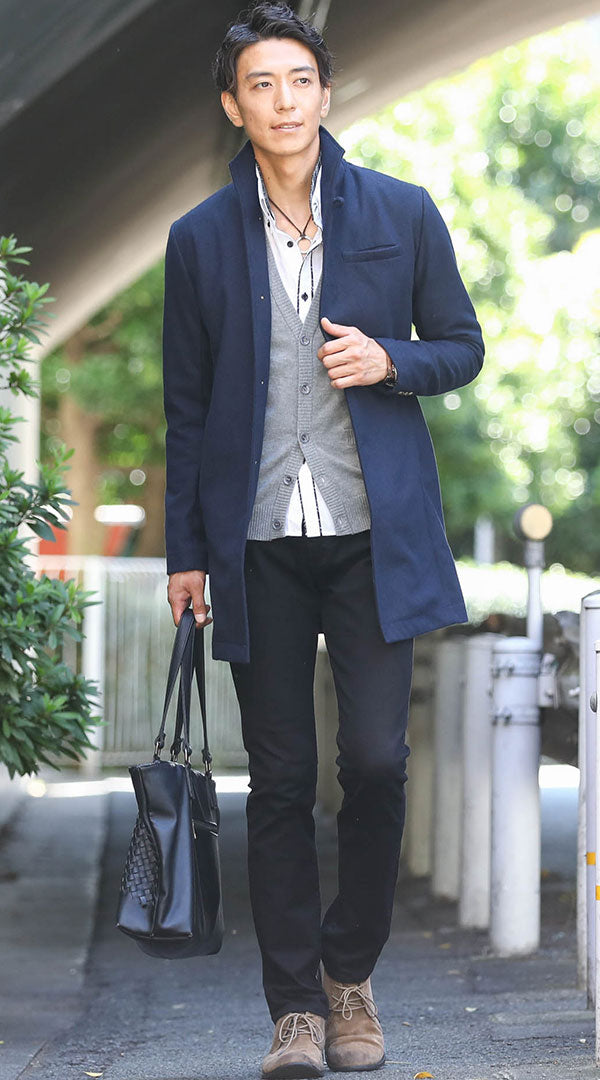 紺コート グレーカーディガン 白シャツ 黒パンツ snp_cn0288 ｜ メンズ