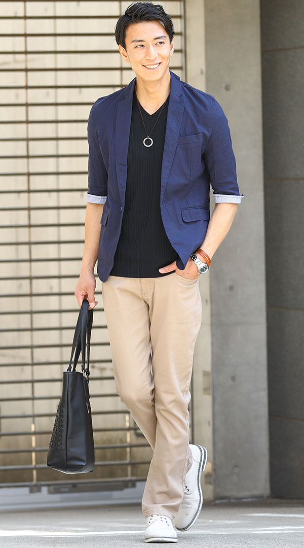 紺ジャケット 黒Tシャツ ベージュパンツ snp_ga0762 ｜ メンズ