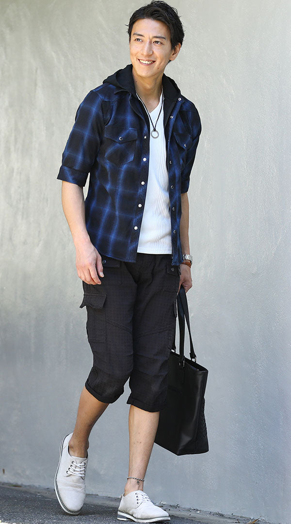 青チェックシャツ 黒パーカー 黒クロップドパンツ snp_gd0167の