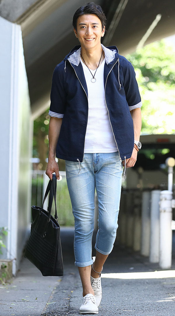 紺パーカー 白Tシャツ ブルークロップドパンツ snp_gs0103の