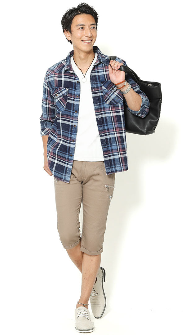 紺×赤チェックシャツ 白Tシャツ ベージュクロップドパンツ snp_gu0706
