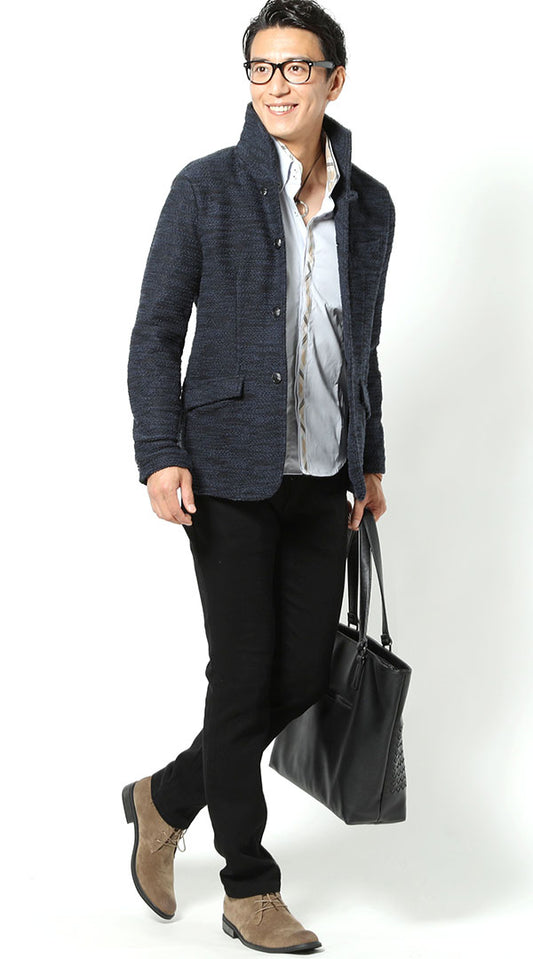 紺×黒ジャケット　サックスシャツ　黒パンツ　snp_hn0511
